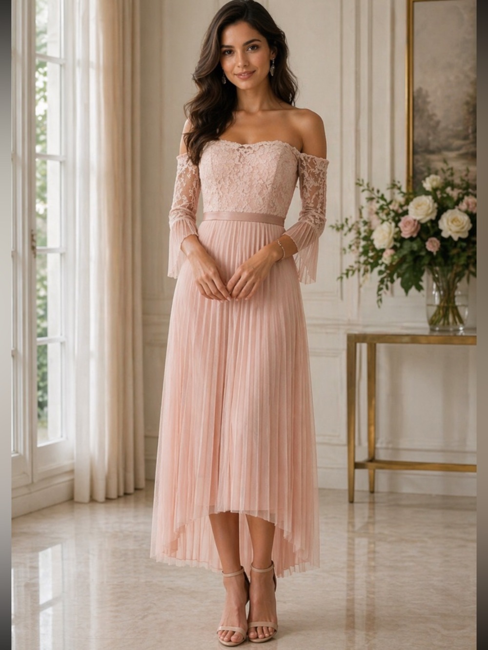 Aidan Mattox pleat midi off shoulder hi Lo dress